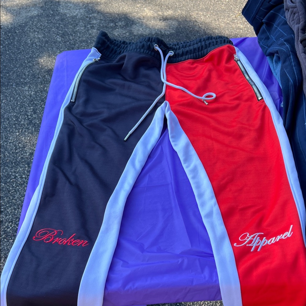 Red and Blue Joggers with White Accents